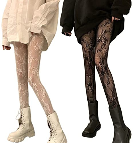 Verdancy 2Pcs Women’s Ultra Stretchable Pantyhose Hollow Floral Patterned Lace Stockings Fishnet Tights Plus Size (2Pcs Black & White Tree Vine)