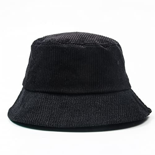 FORLUZ Cord Bucket Hat - Damen Herren Lässiger Winter Warmer Einfarbiger Hut Mit Breiter Krempe für Sonne und Angeln - Flauschig (Farbe: Schwarz, Größe: Einheitsgröße)