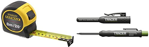 STANLEY FATMAX Tape Measure Blade Armor 8 M Metric and 26 FT Imperial Shock Resistant with Mylar Coating and Cushion Grip 0-33-726 & TRACER Deep Hole Construction Pencil with TRACER Site Holster