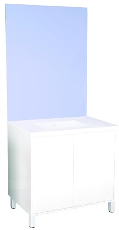 ONDÉE, Meuble à Poser BELIS + Miroir affleurant, Classique et Intemporel, Largeur : 80cm, Blanc, Plan céramique 1 Vasque, 2 Portes Prise de Main, Livré monté, Norme FSC, Gamme Zen à Vivre