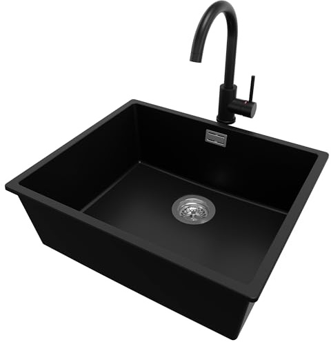 PRIMAGRAN Lavandino da Cucina al Mobile 60cm + Rubinetto, 56x47cm | Set: Rubinetto BW5010 + Kit di scarico + Lavello in Granito a 1 Vasca - London Slim, Nero