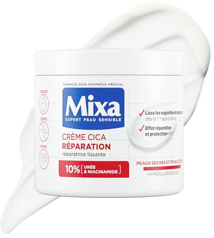 Mixa Expert Peau Sensible - Crème Cica Réparation - Réparation Effet Longue Durée - Peaux Très Sèches et Rugueuses - Visage, Corps, Mains - Hypoallergénique - 400ml