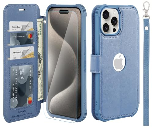 VANAVAGY Wallet Case for iPhone 15 Pro 6.1 Inch,Blue | PU Leather Flip Folio,Slim,12ft Drop Protection,RFID Blocking Card Holder,Kickstand,Wrist Strap,Includes Screen Protector