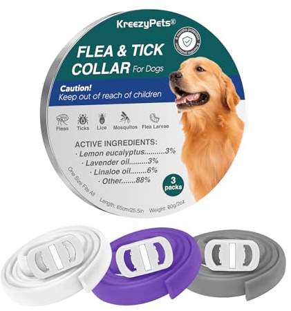 KreezyPets 3 Pezzi collare antipulci per cani, collare antizecche per cani, lunghezza 65 cm, taglia unica per tutti i cani, ingredienti vegetali naturali, design impermeabile