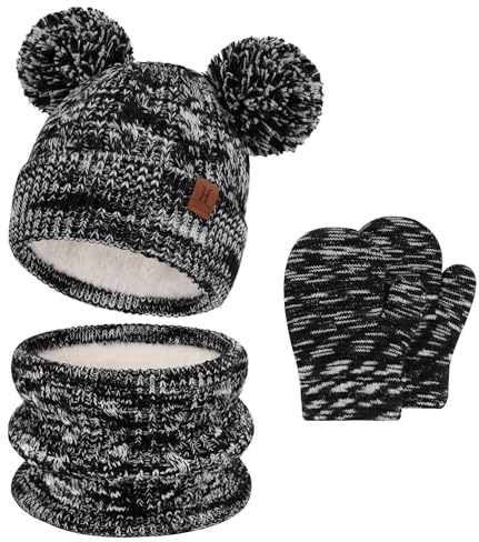Bebes Enfants Bonnet Pompon Hiver Echarpe Gants Ensemble Moufles Cache-Cou avec Polaire pour 0 3 6 Mois 1 2 3 4 Ans Cadeaux pour Filles Garçons