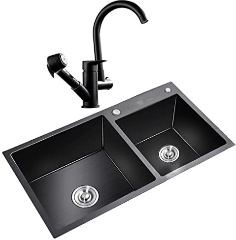 WhfPs Küchen-Barspüle, schwarzes Doppelwaschbecken aus Edelstahl, Küchenspüle mit Zugspritzpistole, Wasserhahn und Abfluss, Montage Oben oder unten (Farbe: Schwarz, Größe: 75 x 41 x 21 cm)
