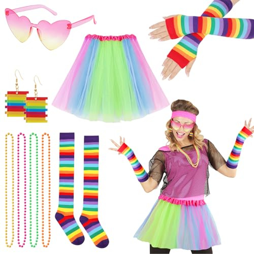 XEPST 80er Jahre Outfit Damen 90er Kostüm Accessoires Set, Tutu, Ohrring, Halskette, Fingerlose Handschuhe, Overknee-Socken, Brille für Retro Neon Thema Party Halloween Karneval Damen Frauen Mädchen