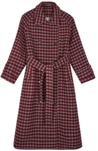 JUZHIJIA Plaid Woolen Coat Women's Mid-Length Winter Korean Version Loose Waist Thickening Popular Woolen Red plaid winter XS