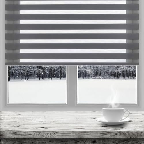 Duo Rollo ohne Bohren 90 x 220 cm Einfache Installation, Sonnenschutz Duo Rollo Jalousie mit Klemmträger für Tür & Fenster, Dunkelgrau