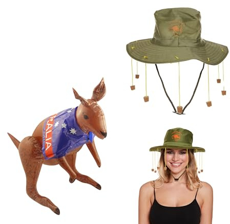 Lizzy 1 x Adult Australian Cork Hat with Inflatable Kangaroo (70cm) | Crocodile Dundee Style Fancy Dress Accessory for Australia Day, Costume Parties, Festivals (Hat with Inflatable Kangaroo)