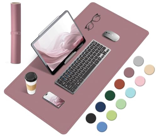 BLESWIN Natural Cork & Leather Desk Mat, Non-Slip Waterproof Large Keyboard and Mouse Pad, Desk Table Protector Mat for Office/Home/Detor, Purple Pink, 60x34CM