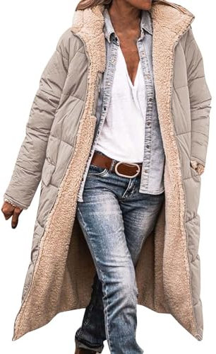 Mantel Damen Lang Trenchcoat, Fleecemantel Damen Lang Mit Kapuze Kapuzenjacke Leicht Winddichte Jacke Einfarbig Übergangsmantel Mit Taschen Gefüttert Wintermantel Knielang Daunenjacke Fleecejacke
