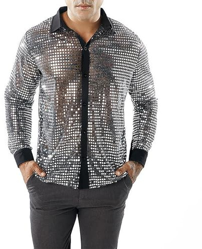 70s Disco Outfit Shiny Men's Performance Shirt Long Sleeve Sequins Tops 70s 80s Fancy Dress Shirt Retro Party Dance Top Button Down Shirts Sparkly Nightclub Work Uniform Xmas Ball Costumes