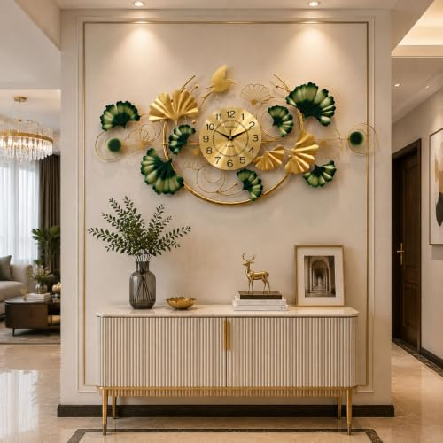 NNYCC Große Moderne dekorative Wanduhr Silent Metal 39 Zoll große Wanduhren Ginkgo Blatt Mute Wanduhr für Wohnzimmer Schlafzimmer Hotel Veranda Gold