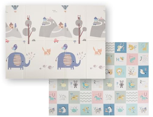 KiddyMoon Babymatte Zweiseitige Krabbelmatte Schaumstoffmatte Für Kinder Kindermatte Kindgerechte Muster Spielplatz Entwicklung Sicherer Bequemer Für Drinnen Draußen 150X200x1cm, Grau-Bergen/Elefant