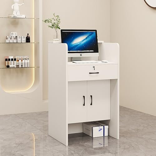 Moderner Empfangstheke mit Lichtern, Aufbewahrungsregalen und Schubladen, kleiner Schreibtisch für Salon, Büro oder Kassenraum (60 x 40 x 95 cm)