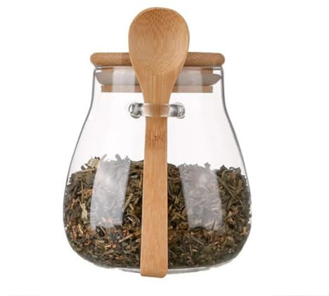 Bocal de rangement hermétique en verre de 21,6 x 16,5 cm avec couvercle en bambou et cuillère - 340,2 g - Boîtes de rangement décoratives pour cuisine, grains de café, thé, sucre, bonbons, sel de bain