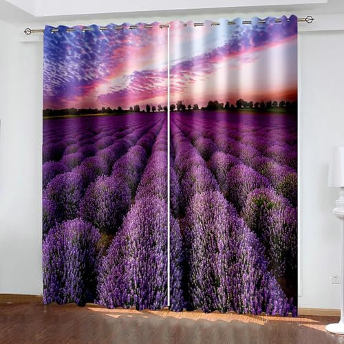 Bishilin Vorhänge Blickdicht mit Ösen 2er Set 102x214CM, Gardinen Wohnzimmer mit Design Lavendelfeld Verdunklungsvorhänge Jugendzimmer Kinderzimmer