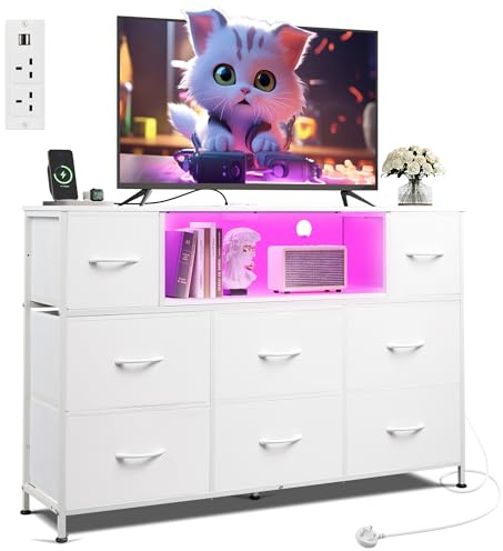 WLIVE White Chest of Drawers with LED & Charger, 8 Fabric Drawer Bedroom