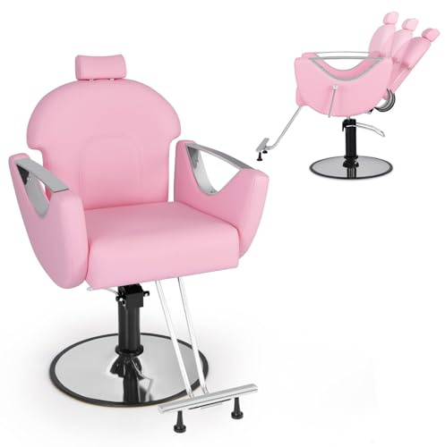 RELAX4LIFE Poltrona Parrucchiere, Sedia Barber 360° in Pelle PVC con Braccioli/Poggiapiedi, Schienale 106°-140°, Poggiatesta/Altezza Regolabile, Max 150KG per Salone (Rosa, 95x70x(116-139) cm)