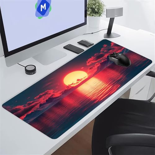 Tapis de Souris XXL Gaming, Tapis de Souris de Jeu, 900x400x2 mm Grand Tapis de Bureau sous Main, avec Base en Caoutchouc antidérapante pour Gamer Maison Bureau (Lac Soleil)