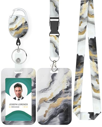 Uniclife Modische Sliding Ausweishülle Marmoriert Kunststoffkoffer mit einziehbaren Badge Reel Karabiner Clip & abnehmbare Lanyard Strap geprägte vertikale Karte Schutz für Frauen, Schwarz & Weiß