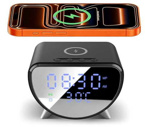 FDGAO Wireless Charger with Digital Alarm Clock, 15W Fast Wireless Charging Station for iPhone/Samsung Galaxy/Note,Alarm Clocks Bedside,12/24H Clock,LED Display with Temperature,Black