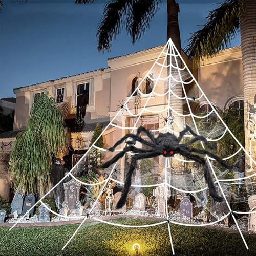 Halloween Deko Outdoor Garten Gruselig Spinnennetz Groß Set, 700 cm Halloween Spinnennetz+90cm Riesen Spinne+20 Kleine Spinne+100g Spinnenweben Deko,für Garten Spukhaus Outdoor
