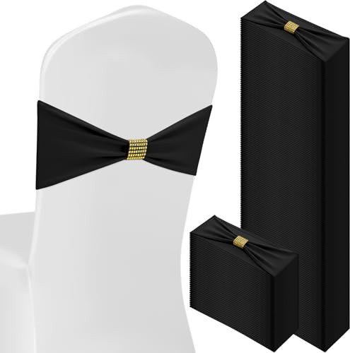 Hahafelt 100 Pcs Spandex Chair Sashes Bows with Rhinestone Ring Buckle Slider Elastic Universal Bowknot Chair Cover Bands Ties for Wedding Banquet Ceremony Event Party Decoration(Black)