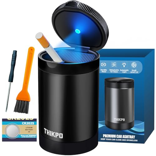 Ashtray with Lid and Replacement Battery, Smellproof & Smokeproof Ashtray for Car Cup Holder, Detachable Aluminum Alloy Smokeless Ash Tray with Automatic LED Light for Car Home Office Outside