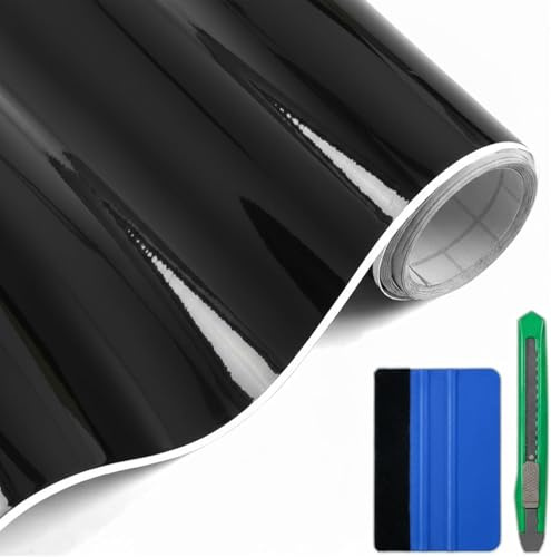 AUTOPEN Hochglänzende Schwarze Vinylfolie, Autofolie mit Air-Release-Technologie, Selbstklebende Autosticker für DIY-Innen- und Außenverkleidung, 30x300 cm inklusive Werkzeugse