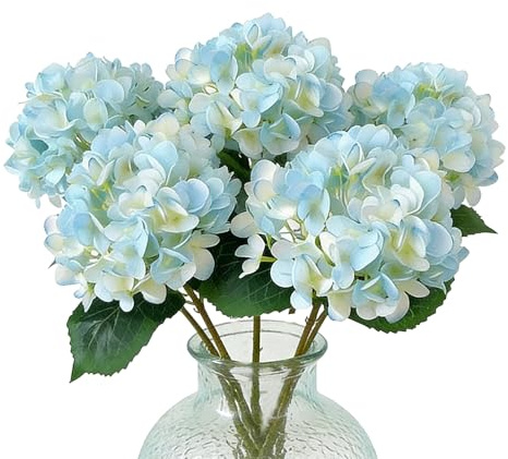 Hsyadazi 5 piezas de hortensias artificiales | Flores de seda realistas en tallo individual (47 cm) para jarrones y ramos | Ideal para bodas, decoración del hogar, fiestas y decoración exterior (Azul)