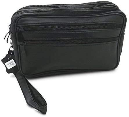 XXL HANDGELENKTASCHE LEDER - Herrentasche Handtasche Umhängetasche Tasche Gürteltasche Bag Schwarz Damen Herren Tragegurt Handschlaufe Reißverschluss Männer Frauen