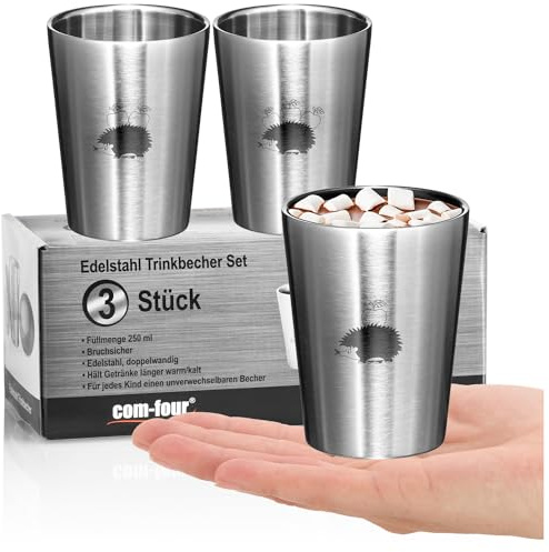 COM-FOUR® 3x rostfria dricksmuggar för barn - termiska dricksmuggar 250 ml gjorda av rostfritt stål 304 - splittersäkra campingmuggar - dubbelväggiga isoleringsmuggar - BPA-fria (Igelkott - 3 stycken)