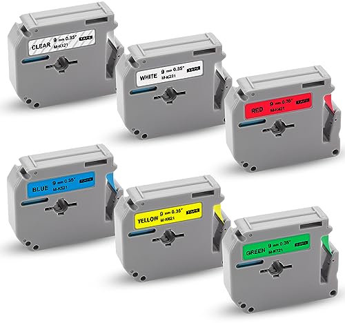 XemaX 6x Kompatibel M Tape 9mm Ersatz für Brother M-K221 M-K121 M-K421 M-K521 M-K621 M-K721 Schriftband für Beschriftungsgerät PT-65 PT-60 PT-55 PT-M95 PT-70 PT-80 PT-85 PT-90 PT-75