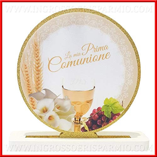 Ingrosso e Risparmio Polystyrene Tridimensionnel rond blanc et doré pailleté avec calice et hostie, UVA, épis de blé et boules pour première communion.