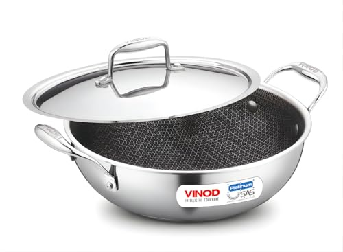Vinod Platinum Triply Stainless Steel Kadai with Lid: Diameter- 22 cm, Capacity 1.8 Liter (1.9 Quarts)