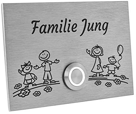 Jung-Edelstahl-Design Türklingel London1G Motiv Familie 4. Klingelplatte 12x8 cm. Klingelschild mit Gravur (LED weiss)