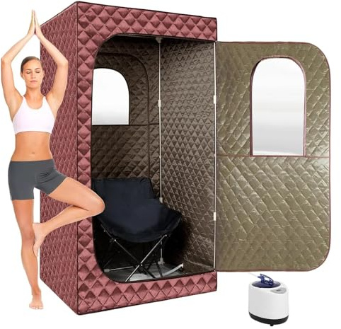 Sauna de vapor portátil for Spa doméstico, Personal tamaño completo con vaporizador 3L, silla plegable gran Control remoto(Brown)