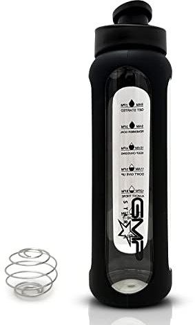 GMP star Sports Borosilicate Glass Water Bottle for Hot and Cold with Black Silicone Sleeve and Protein Shaker Whisk 600ml UK Company