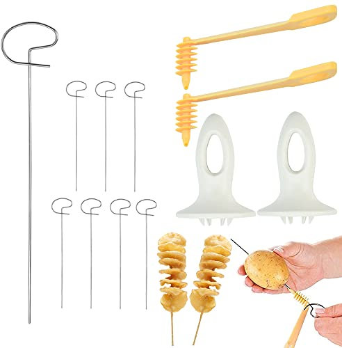 WENRERO 12 PCS Espiral de Tornado de Patata Torres de Patatas Fritas con 2 Cortador de Patatas en Espiral 2 Manija de Plastico 8 Pinchos de Acero Inoxidable Cortador de Virutas para Barbacoa Fiesta