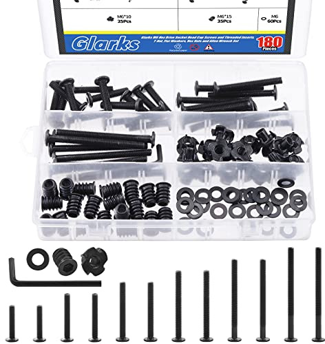 Glarks Assortiment de 181 vis à tête hexagonale M6 x 30/40/50/60/70/80 mm en zinc noir avec écrous en T M6, rondelles plates, inserts filetés et clé Allen pour fixations de meubles en bois