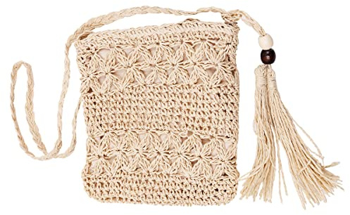 WANGCL Damen-Sommer-Strand-Strohtaschen mit Quaste Mini-Strohhandtaschen mit Reißverschluss-Gewebe, handgefertigte Umhängetasche, böhmische Schultertasche (Beige)