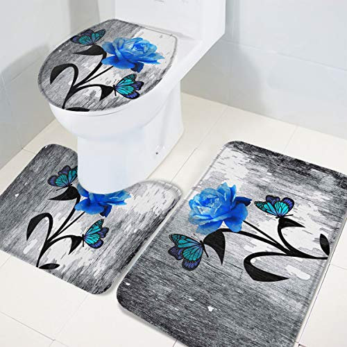 Set 3 Teilig Badvorleger Blaue Rose Und Schmetterling Wasserabsorbierend Bade-Matte+Kontur+Wc-Deckelabdeckung Anti-Rutsch U-Förmigen Contour Matte Für Badewanne Badezimmer Wc-Sitz Bezug