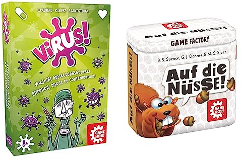 Game Factory Virus! Kartenspiel für 2 bis 6 Spieler & 646273 Auf die Nüsse, das knackige Würfelspiel, Mini-Spiel in handlicher Metalldose, Reisespiel, für Erwachsene und Kinder ab 8 Jahren