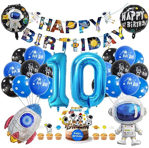 Guoguonb 10. Geburtstag Weltraum Party Deko Astronauten Raketen Folienballon Luftballons Space theme Cupcake Topper Tortendekoration Happy Birthday Banner für 10 Jahre Jungen Birthday Decorations