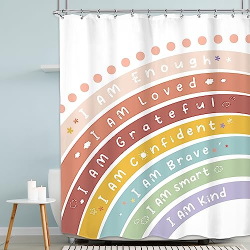 MESHELLY Kids Boho Rainbow Shower Curtain 60Wx72H - Funny Cute Inspirational Motivational Quotes for Baby Boys Girls - Colorful Children Bathroom Decor Fabric with 12 Hooks