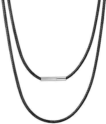 Bestyle Lederkette geflochten 2mm Herren Wachsschnur Kette 61cm lang Collier Halsreif Schwarze Halskette mit Edelstahl Verschluss Modernes Kautschukseil für Männer Jungen Frauen