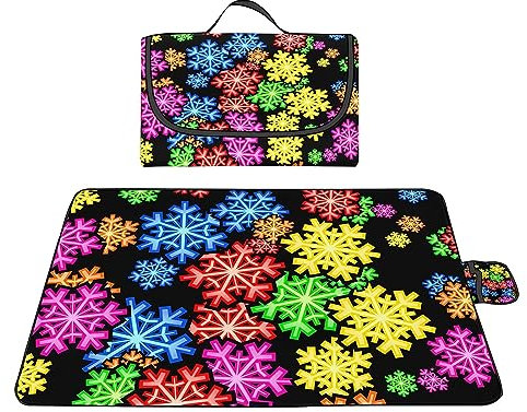 Picknickdecke 200x300cm,XXL Picknickdecke mit Wasserdichter Unterseite,Outdoor Stranddecke Sandfrei,mit Tragegriff Faltbare Picnic Blanket für Camping,Strand,Park,Familie,Konzerte Bunte Schneeflocken