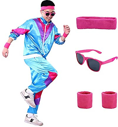 80er Jahre Outfit Herren Damen,90er Jahre Kostüm 80s Trainingsanzug Jogginganzug Sportanzug Erwachsene Faschingskostüme für Mottoparty Karneval Halloween (Blau, S)